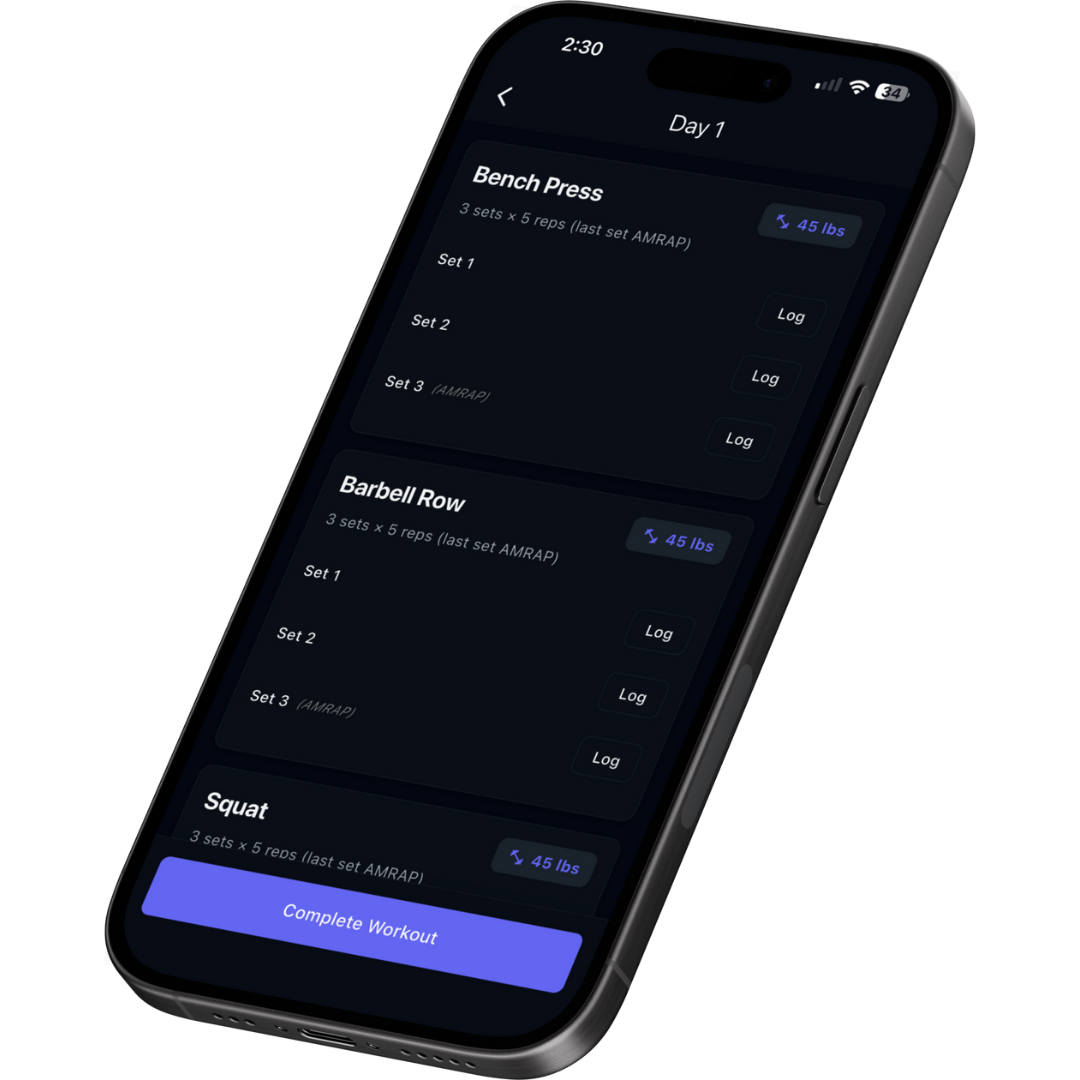 MyoFactor workout tracking interface showing Day 1 workout with Bench Press, Barbell Row, and Squat exercises