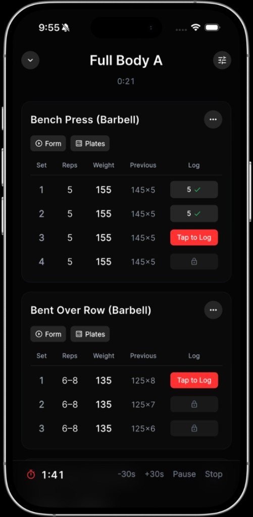 Active workout logging with previous weights and tap to log
