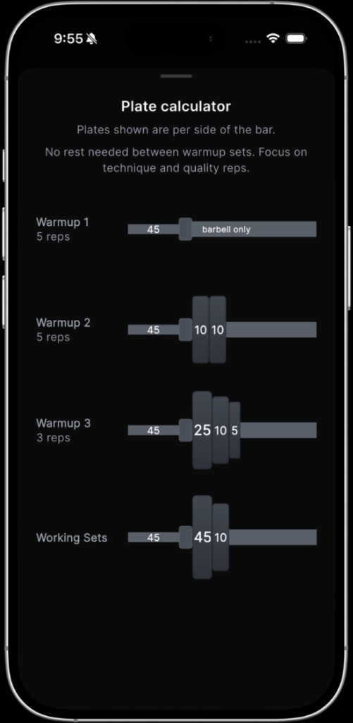 Plate calculator showing warmup and working sets per side of the bar