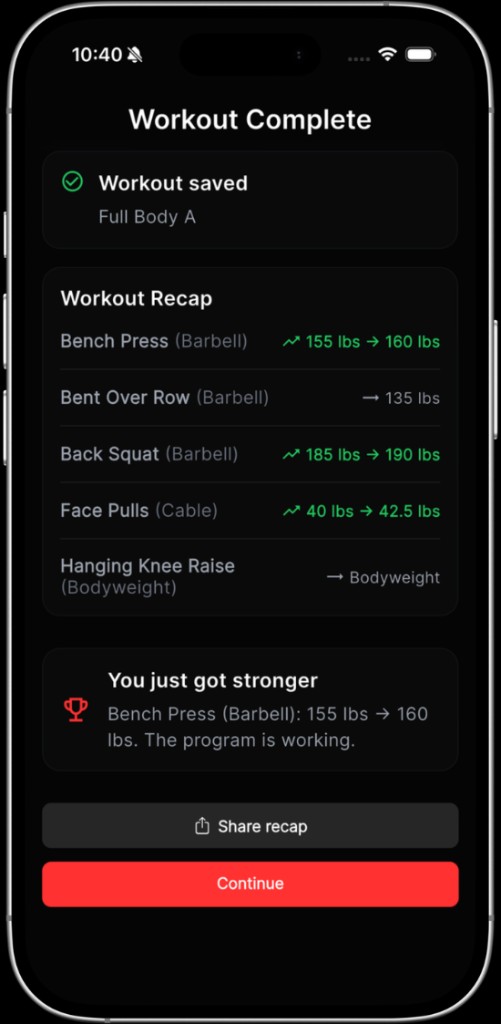 MyoFactor workout complete screen with recap and next weights